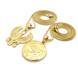 Solid Eye of Horus Medal & Horus Falcon Pendant Set 2mm 24" & 30" Box Chain Necklace in Gold-Tone