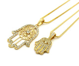 Stone Stud Hamsa Palm Fatima Hand Pendant Set w/ 2mm 24" & 30" Box Chain Necklaces in Gold-Tone
