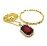 Faux Ruby Stone Pendant 2mm 24" Rope Chain Necklace & 5mm 8" Rope Chain Bracelet Set in Gold-Tone