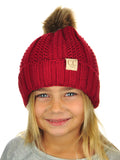 C.C Kids' Children's Cable Knit Faux Fuzzy Fur Pom Fleece Lined Cuff Beanie