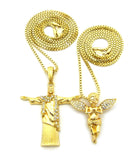 Praying Angel & Christ the Redeemer Pendant Set w/ 2mm 24" & 30" Box Chains in Gold-Tone