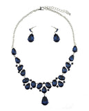 Hanging Teardrop Navy Stone Necklace and Dangling Earrings Set in Silver-Tone