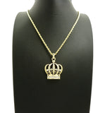 Stone Stud Hollow Royal Crown Pendant with 2mm 24" Rope Chain Necklace