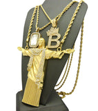 Gemstone, Tilted Crown Initial B, Christ the Redeemer Pendant Set w/ Rope Chains in Gold-Tone
