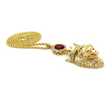 Round Faux Ruby Stone & King Lion Pendant Set on 2mm 24" Rope Chain Necklace in Gold-Tone