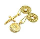 Last Supper Medal Pendant & Slim Crucifix Jesus Pendant Set w/ 2mm 24" & 30" Box Chains in Gold-Tone