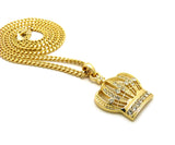 Stone Stud Hollow Royal Crown Pendant with 3mm 24" Cuban Chain Necklace, Gold-Tone