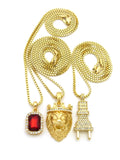 Ruby Red Stone, Power Plug & King Lion Pendant Set w/ Box Chain Necklaces in Gold-Tone