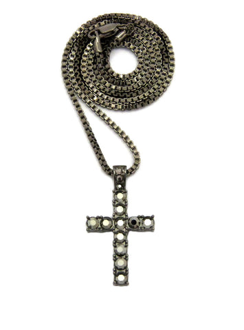 Stone Stud Single Row Cross Pendant w/2mm 24" Box Chain, Hematite-Tone