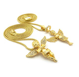 Stone Stud Extended Wing Praying Angel Set w/ 24" & 30" Gold-Tone Box Chain Necklaces