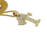 Stone Stud Allover Tilted Crown Initial T Pendant w/ 3mm 18" Rope Chain Necklace, Gold-Tone