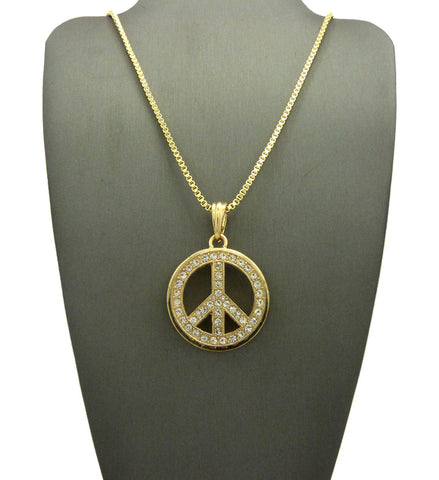 Stone Stud Hollowed Peace Symbol Pendant w/ Chain Necklace
