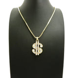 Stone Stud Dollar Sign Micro Pendant with 2mm 24" Box Chain Necklace, Gold-Tone