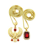 Ruby Red Stone & Ruby Red Round Gemstone Horus Falcon Pendant Set w/ Box Chains in Gold-Tone