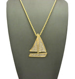 Stone Stud Sailboat Pendant w/2mm 24" Rope Chain Necklace