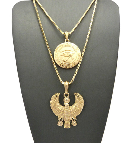 Solid Eye of Horus Medal & Horus Falcon Pendant Set 2mm 24" & 30" Box Chain Necklace in Gold-Tone