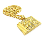 Stone Stud Opened Holy Bible Pendant Cuban Chain Necklace, Gold-Tone