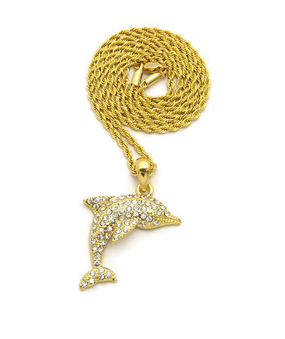Stone Stud Diving Dolphin Pendant w/ Chain Necklace, Gold-Tone