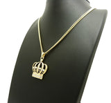 Stone Stud Hollow Royal Crown Pendant with 3mm 24" Cuban Chain Necklace, Gold-Tone