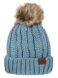 C.C Thick Cable Knit Faux Fuzzy Fur Pom Fleece Lined Skull Cap Cuff Beanie