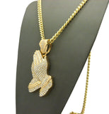 Stone Stud Praying Hands Pendant w/6mm 30" Cuban Chain Necklace, Gold-Tone