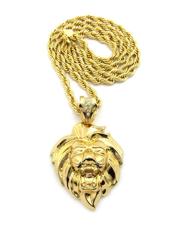 Roaring Lion Head 3D Pendant w/ 6mm 30" Rope Chain Necklace in Gold-Tone