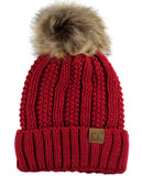 C.C Thick Cable Knit Faux Fuzzy Fur Pom Fleece Lined Skull Cap Cuff Beanie