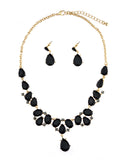 Hanging Teardrop Black Stone Necklace and Dangling Earrings Set in Gold-Tone