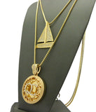 Stone Stud Sailboat & Micro Initials QC Pendant Set w/Box Chain Necklaces, Gold-Tone