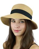 C.C Women's Paper Woven Cloche Bucket Hat with Black Bow Band