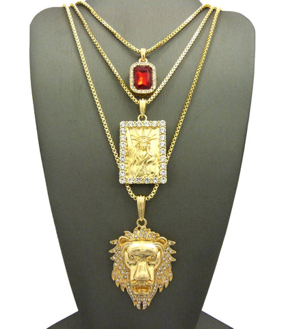 Ruby Red Gemstone, Statue of Liberty & Noble Lion Head Pendant Set w/ Box Chains in Gold-Tone