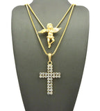 Cherub Angel & 2 Row Stone Cross Pendant Set w/ 24" & 30" Box Chain Necklaces in Gold-Tone