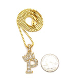 Unisex Stone Stud Tilted Crown Letter Initial Micro Pendant 2mm Box Chain Necklace, 20", P