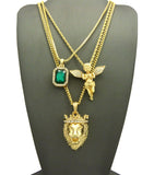 Colored Gemstone, Extended Wing Pray Angel & King Lion Pendant Set w/ Varying Gold-Tone Chain Necklaces