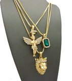 Faux Emerald Stone, Halo Angel & King Lion Pendant Set w/ Multi Length Box Chains in Gold-Tone