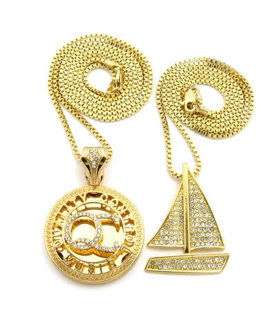 Stone Stud Sailboat & Micro Initials QC Pendant Set w/Box Chain Necklaces, Gold-Tone