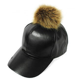 Fur Pom Pom Adjustable Snapback Faux Leather Precurved Baseball Cap