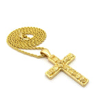 Polished Nugget Cross Pendant w/ 2mm 24" Rope Chain Necklace in Gold-Tone
