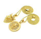 Stone Stud King Lion Medal & King Lion Pendant Set w/ 2mm 24" & 30" Box Chain Necklaces in Gold-Tone