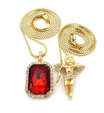 Micro Faux Ruby & Pave Floating Angel Pendant 2mm 24" 30" Box Chain Necklace Set - Gold-Tone