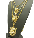 King Lion Pendant Triple Set w/ Rope, Snake and Cuban Chain Necklaces in Gold-Tone