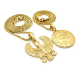 Solid Eye of Horus Medal & Horus Falcon Pendant Set 2mm 24" & 30" Box Chain Necklace in Gold-Tone