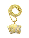 Stone Stud Royal Flush Poker Hand Pendant w/ Chain Necklace