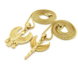 Winged Egyptian Goddess & Horus Falcon Pendant Set 2mm 24" & 30" Box Chain Necklace in Gold-Tone