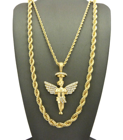 Pendant with 3mm 24" Rope Chain and 6mm 30" Rope Chain Necklace in Gold-Tone