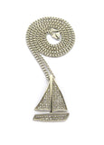 Stone Stud Sailboat Pendant w/3mm 24" Cuban Chain Necklace