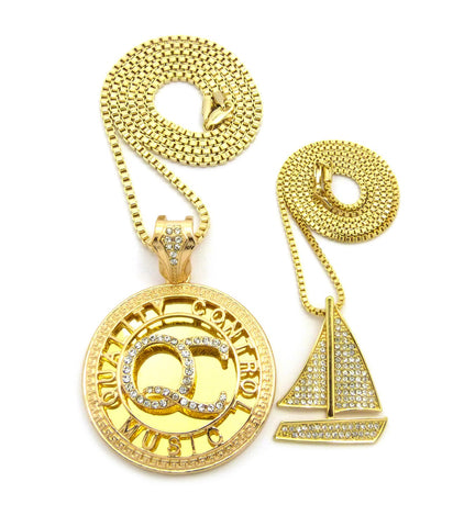 Stone Stud Sailboat & Initials QC Pendant Set w/Box Chain Necklaces, Gold-Tone