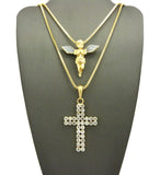 Silver-Tone Dusted Pray Angel & 2 Row Stone Cross Pendant Set w/ 24" & 30" Box Chains in Gold-Tone