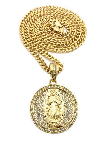 Stone Stud Mother Mary Medallion with Cuban Chain Necklace