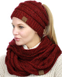 C.C Colorful Confetti BeanieTail Messy High Bun Cable Knit Beanie and Infinity Loop Scarf Set